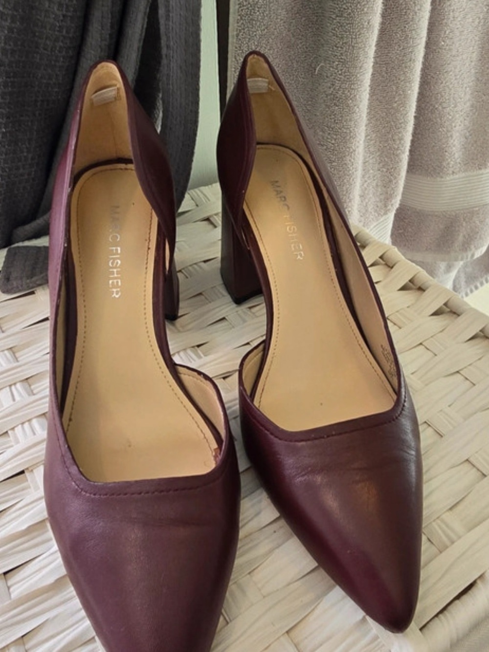Marc Fisher Wine Leather Pointed-Toe Block Heels